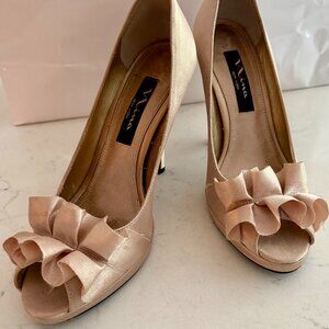 Nina Shoes | Nina Beige Satin Peep-Toe Heels Formal Ruffle Womens 6.5